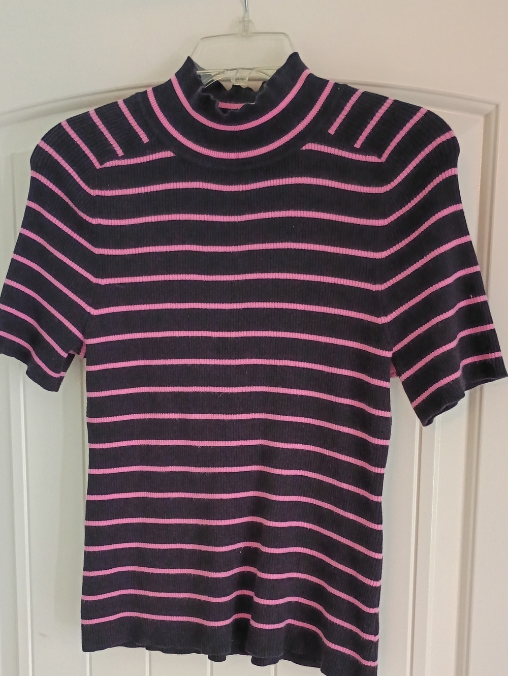 Black & Pink Striped Short Sleeve Mock Neck Top